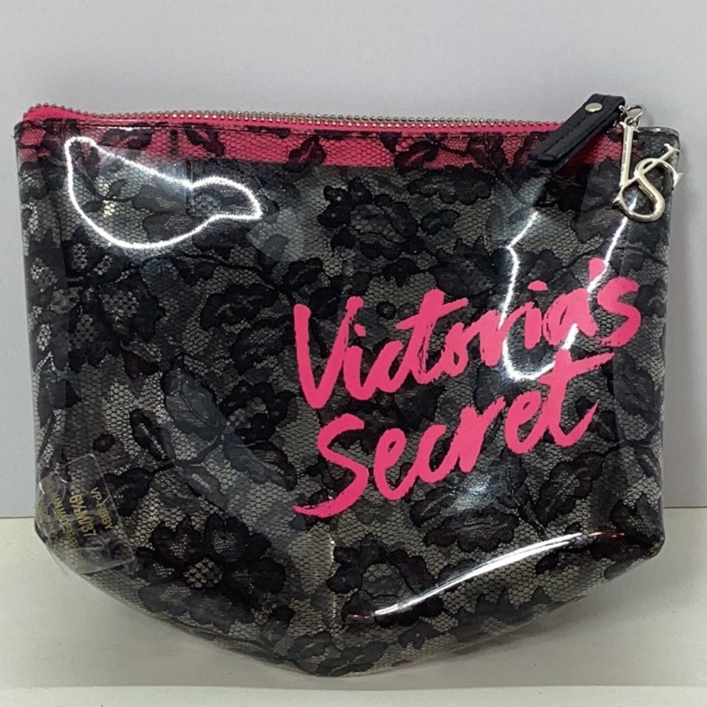 Victoria's Secret Black and Pink Cosmetic Bag with Lace Overlay